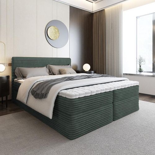 Bett Boxspringbett SENO mit TOPPER VISCO und Bettkästen - Doppelbett, Stauraum, Schlafzimmer, Bettgestell (180x200,Dunkelgrün - Tilia 39)