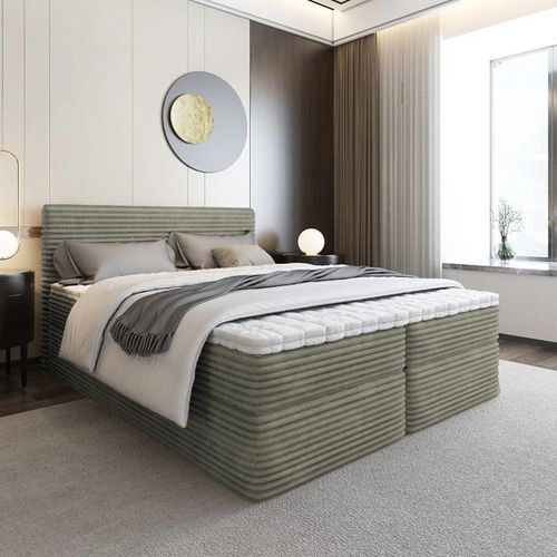 Bett Boxspringbett SENO ohne Topper mit Bettkästen - Doppelbett, Stauraum, Schlafzimmer, Polsterbett, Bettgestell (140x200, Olivgrün - Tilia 37)
