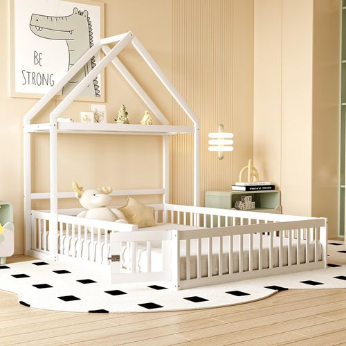 Kinderbett 140 x 200, Kinderbettgestell aus Massivholz mit Stauraum, Vollschutzgitter und Türen und Lattenrost, weiß