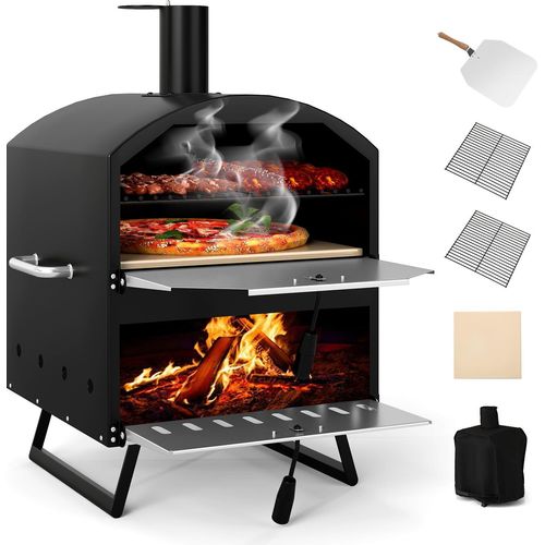 COSTWAY Outdoor Pizzaofen, 2-lagigem Pizza Ofen mit Grillrost, Pizzaschaufel, quadratischem Stein, wasserdichter Abdeckung, Holzofen Brennofen tragbar