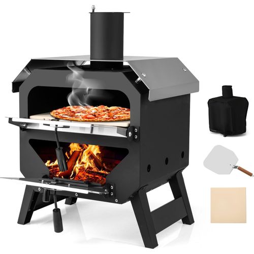 COSTWAY Outdoor Pizzaofen, Pizza Ofen mit Pizzaschaufel, Pizzastein, wasserdichter Abdeckung, Edelstahl-Dach & Griffen, Brennofen tragbar, Holzofen
