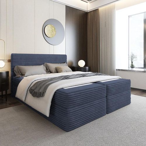 Bett Boxspringbett SENO ohne Topper mit Bettkästen - Doppelbett, Stauraum, Schlafzimmer, Polsterbett, Bettgestell (180x200, Dunkelblau- Tilia 77)