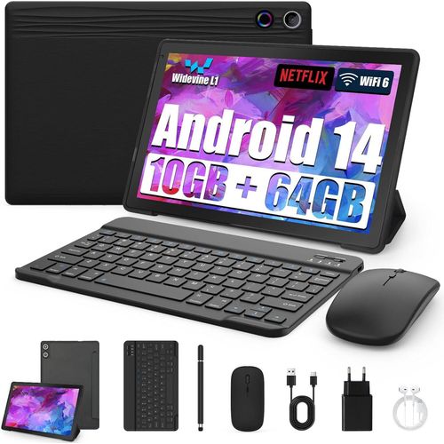 Tablet 10 Zoll 8-in-1 Kit Android 14 PC mit Hülle Tastatur Maus Stift Kopfhörer Netzstecker Kabel Octa-Core GB RAM 64 ROM 1TB TF Erweiterbar 1280x800