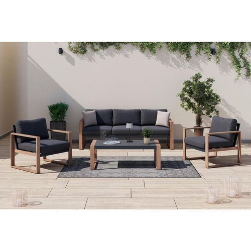 Ambia Garden Loungegarnitur , Grau, Natur , Metall, Glas, Textil , 4-teilig , Füllung: Schaumstoff,Polyester , eckig , 202.8x72x78 cm , Loungemöbel,