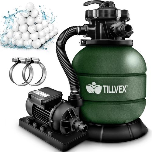 tillvex® Sandfilteranlage Pool 7.900L/h inkl. 400g Filterbälle | Filteranlage 7-Wege Ventil & 2in1 Adapter Ø32mm - 38mm | Poolfilter mit Druckanzeige | Sandfilter für Schwimmbecken Grün