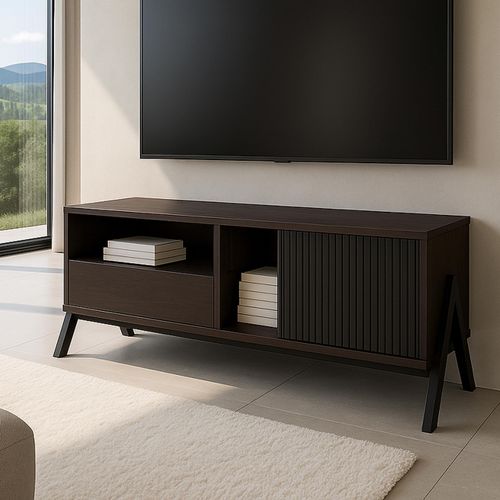 TV-Rack HWC-O40, Lowboard TV-Schrank Schiebetür Staufächer Schublade, MDF Metall Melamin 49x120x40cm Walnuss-Optik