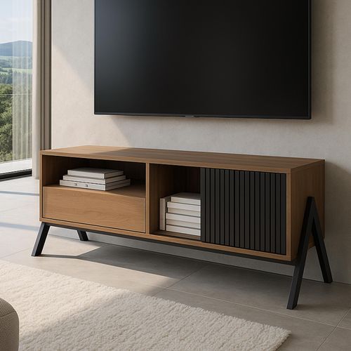 TV-Rack MCW-O40, Lowboard TV-Schrank Schiebetür Staufächer Schublade, MDF Metall Melamin 49x120x40cm natur