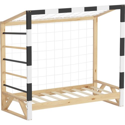 ML-Design Kinderbett Fußballtor 70x140 cm Holzbett mit Lattenrost Kletterleiter & Netz Jugendbett aus Kiefernholz Einzelbett für Kinder Handballtor