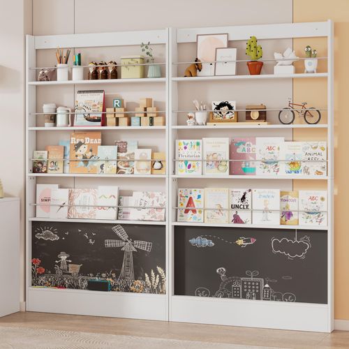 Bilderbuchregal, Ausstellregal, 2er Bücherregalset, Kinderzimmer Bücherregal, 4-ebiges Aufbewahrungsregal + bemalbares Schwarzbord, Kippschutz/Platz sparen, Bücherregal hinter der Tür, 200*10*180cm