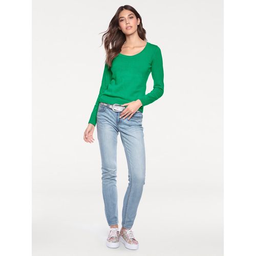 Rundhalspullover HEINE "Rundhals-Pullover", Damen, Gr. 40, grün, 100% Baumwolle, unifarben, Pullover Rundhalspullover