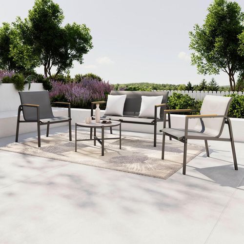 Ambia Garden Loungegarnitur , Grau, Natur, Dunkelgrau , Metall, Kunststoff, Glas, Textil , 4-teilig , Flachrohr , Loungemöbel, Loungemöbel-Sets