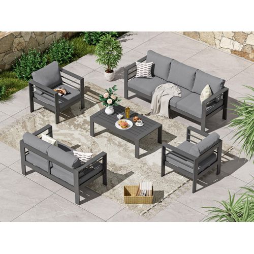 MeXo Gartenmöbelset, Loungeset Aluminium für 6-7 Personen mit Kissen & Couchtisch Indoor Outdoor Balkon Garten Terrasse (Sitzgruppe, Aluminiumrahmen)