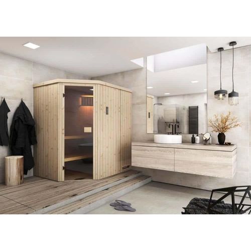 FinnTherm Innensauna Pearl Innensauna 2 Sitzbänke aus Holz , Saunakabine mit 40 mm Wandstärke, Dampfsauna mit Montagematerial