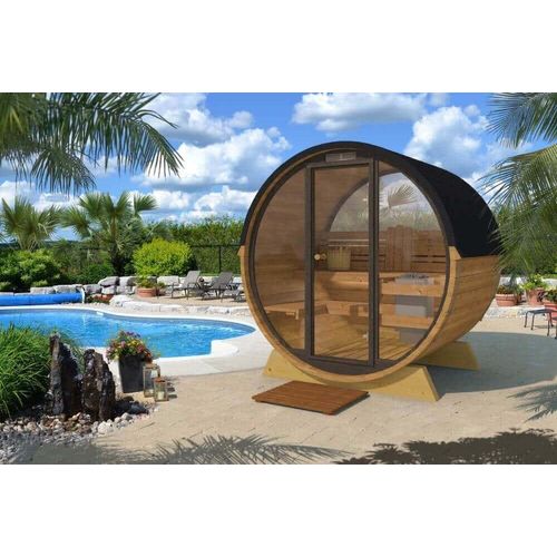 FinnTherm Terrassen-Fass-Sauna Fasssauna 3 Sitzbänke aus Holz, Sauna mit 42 mm Wandstärke, Außensauna mit Montagematerial
