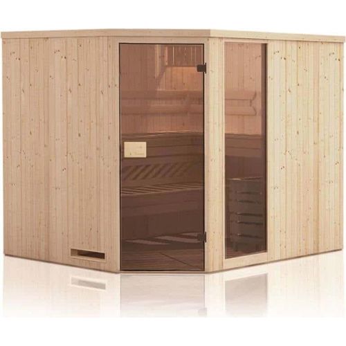 FinnTherm Innensauna Family Innensauna 2 Sitzbänke aus Holz , Saunakabine mit 40 mm Wandstärke, Dampfsauna mit Montagematerial