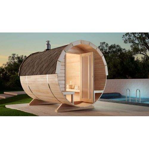 FinnTherm Fasssauna Carrie Fasssauna 2 Sitzbänke aus Holz , Sauna mit 42 mm Wandstärke, Außensauna mit Montagematerial