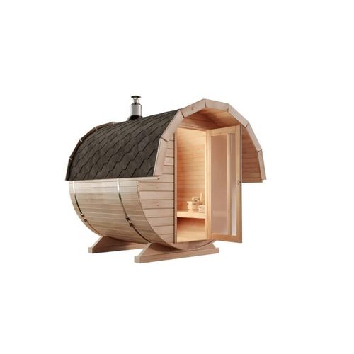 FinnTherm Fasssauna Samantha Fasssauna 2 Sitzbänke aus Holz, Sauna mit 42 mm Wandstärke, Außensauna mit Montagematerial