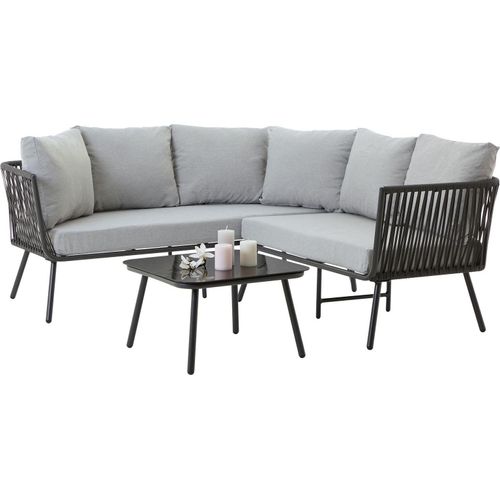 Gartenlounge JAKARTA, schwarz/grau - Outdoor Ecksofa mit Dreisitzer, Zweisitzer und Beistelltisch, robustes Metallgestell, wasserabweisende Kissen, für Terrasse und Balkon, L-förmige Sitzlandschaft