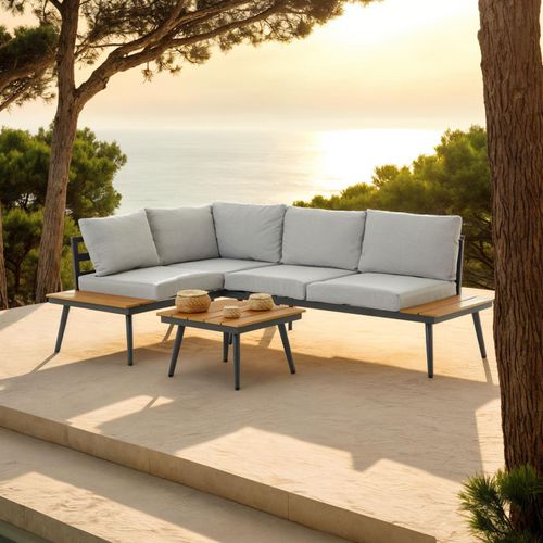 Gartenlounge PAROS, grau - Outdoor Sofa mit Beistelltisch aus Alugestell und Holzoptik, Eckbak mit Sitzkissen und Rückenpolster für Terrasse & Garten