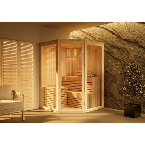 FinnTherm Innensauna Ylva Innensauna 1 Sitzbänke aus Holz, Saunakabine mit 68 mm Wandstärke, Dampfsauna mit Montagematerial