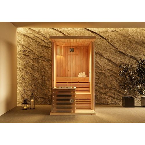 FinnTherm Innensauna Milla Innensauna 1 Sitzbänke aus Holz, Saunakabine mit 68 mm Wandstärke, Dampfsauna mit Montagematerial