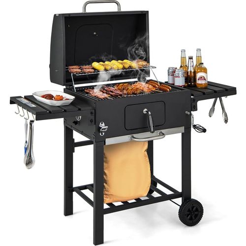 GOPLUS Holzkohlegrill mit Deckel, Grillwagen auf 2 Rädern mit 2 klappbaren Seitentischen, 8 Haken, Thermometer & Flaschenöffner, BBQ Grill für Picknick