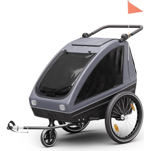 Klarfit GoKiddo Fahrradanhänger 2 Kinder - 2-in-1 Fahrradanhänger & Buggy mit Bremsen, Sicherheitsgurten, Verstellbaren Sitzen, 40kg Kapazität, Regen & UV Schutz, Zusammenklappbar, Dunkelgrau