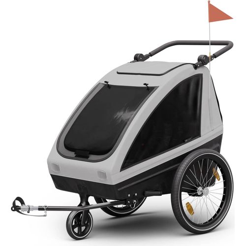 Klarfit GoKiddo Fahrradanhänger 2 Kinder - 2-in-1 Fahrradanhänger & Buggy mit Bremsen, Sicherheitsgurten, Verstellbaren Sitzen, 40kg Kapazität, Regen- & UV-Schutz, Zusammenklappbar, Hellgrau