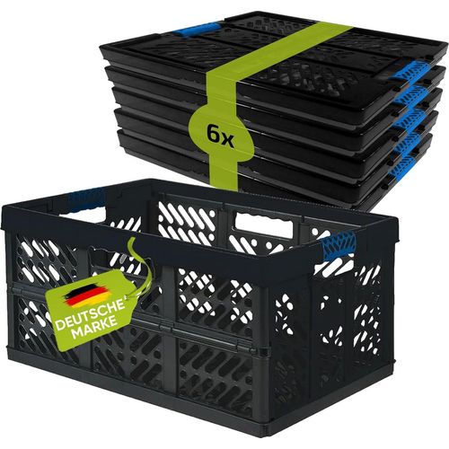 6 x Robuste Profi - Klappbox 45 L bis 50 kg - Faltbox, Kiste, Korb zur Aufbewahrung, Transport - schwarz/blau