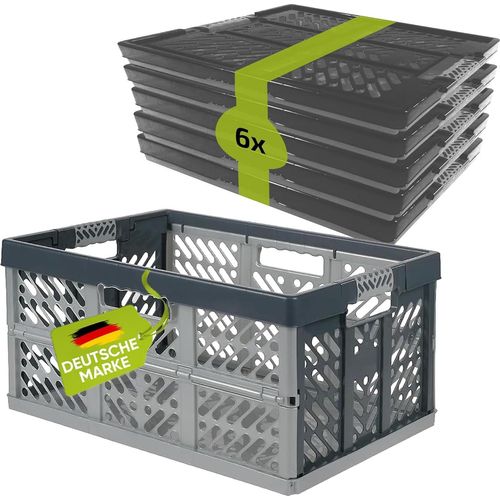 6 x Robuste Profi - Klappbox 45 L bis 50 kg - Faltbox, Kiste, Korb zur Aufbewahrung, Transport - silber