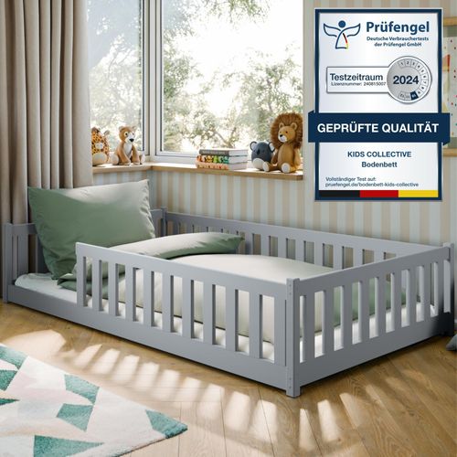 Kinderbett Bodenbett 120x200 cm mit Rausfallschutz & Lattenrost Montessori Bett Bed Gitterbett Kinder Jugendbett Einzelbett | Aschgrau