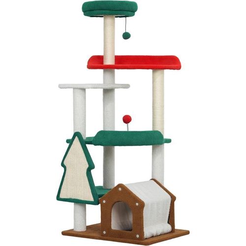 135 cm Katzenkratzbaum in Weihnachtsfarben mit Katzenbett, Katzenhaus, Kratzpfosten, Sprungplattformen, Spielzeugbällen