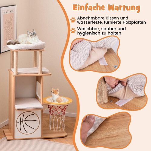 Kratzbaum aus Holz 120 cm großer Kletterturm mit Sportthema mit 2-stöckigem Katzenhaus Natur