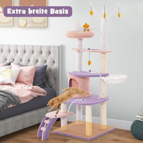 Kratzbaum Katzenbaum mit Katzenhöhle & Leiter & Hängematte & Spielzeug 59 x 49 x 158cm Lila+Rosa