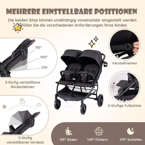 Geschwisterwagen klappbar Zwillingswagen mit verstellbarer Rückenlehne Tragbarer Zwillingsbuggy Dunkelgrau