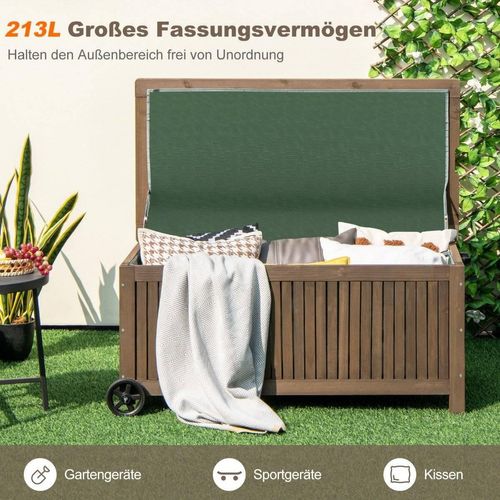 Gartenbox Holz 213 L Aufbewahrungsbox mit Rädern Kissenbox mit wasserdichter PE-Auskleidung 114 x 58,5 x 51 cm Braun