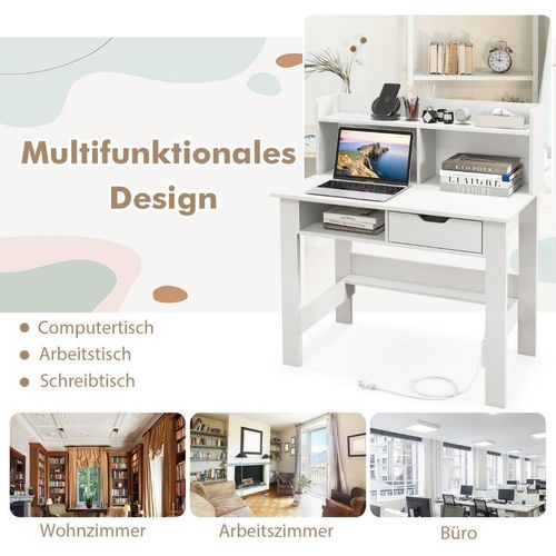 Schreibtisch mit Steckdosen Kleiner Computertisch mit Aufsatz 95 x 56 x 109,5 cm Weiß