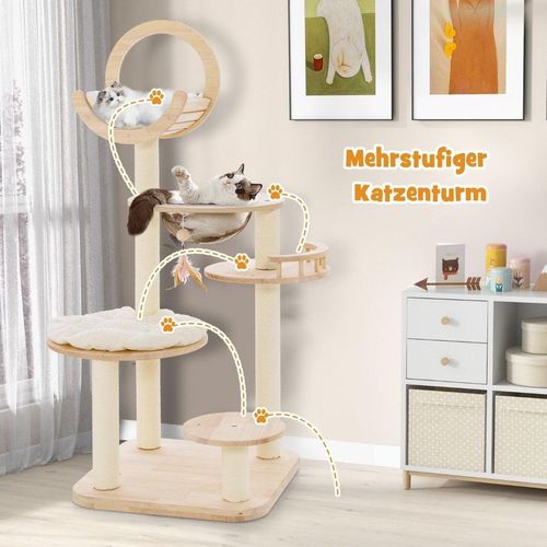 Kratzbaum Holz 4 DIY-Formen Katzenbaum mit Plattformen & Raumkapsel & Sisalpfosten 60 x 60 x 146 cm Eichenholz Beige