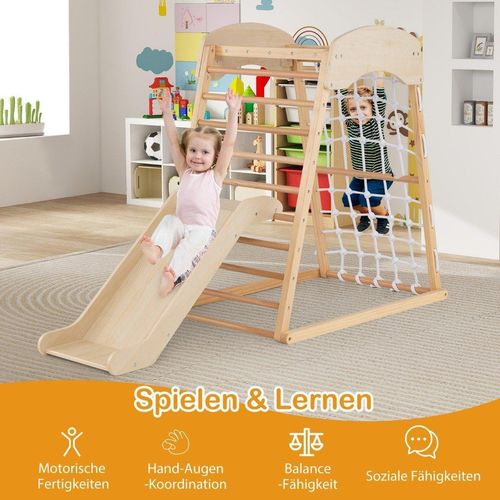 Klettergerüst Indoor 6 in 1 Pull Up Bar & Rutsche & Kletterfelsen & Kletternetz Natur