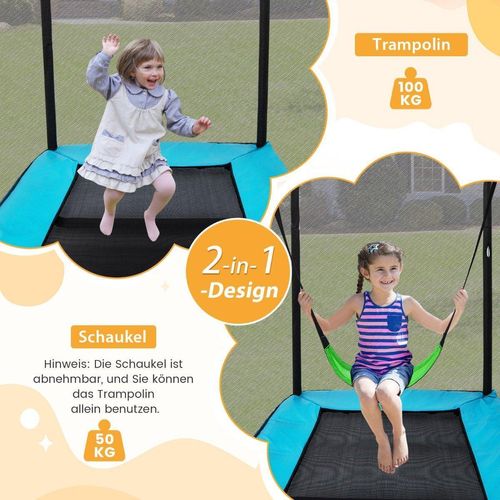 2 in 1 Kindertrampolin mit Schaukel & Sicherheitsnetz & Randabdeckung Blau + Schwarz