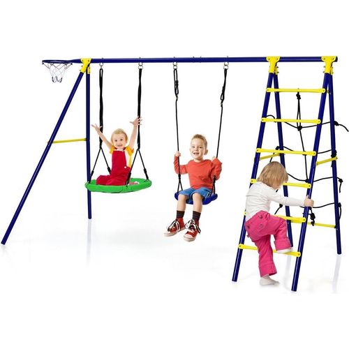 5 in 1 Schaukelset mit 2 Schaukeln Basketballkorb Kletternetz & Kletterleiter Kletter & Schaukelkombination Blau