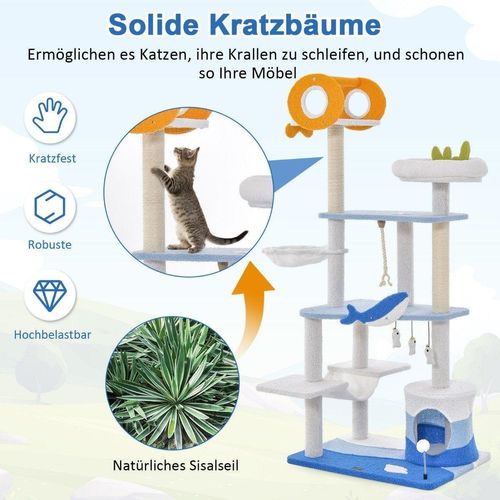 Kratzbaum im Meeresmotiv mehrstöckiger Katzenturm mit Sisal überzogenen Pfosten Blau 69 x 49 x 168 cm