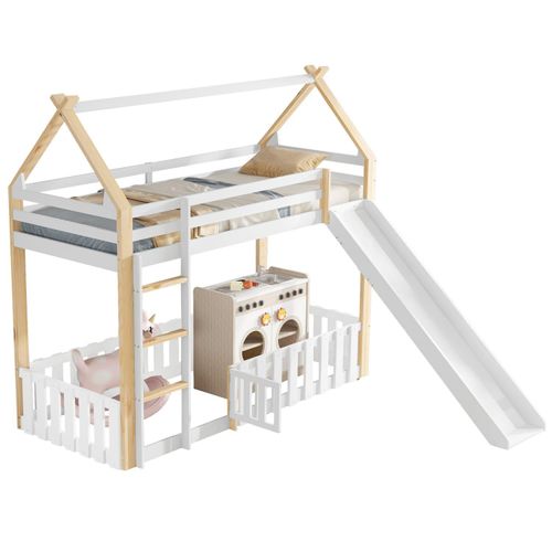 Etagenbett, Kinderbett, Exquisite Dachform, Mit Lustige Kinderrutsche, Freier Raum mit Zaun, Stabile Lattenroste und Leiter,Kiefer+MDF+Sperrholz