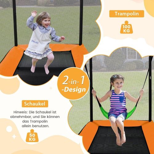 2 in 1 Kindertrampolin mit Schaukel & Sicherheitsnetz & Randabdeckung Orange