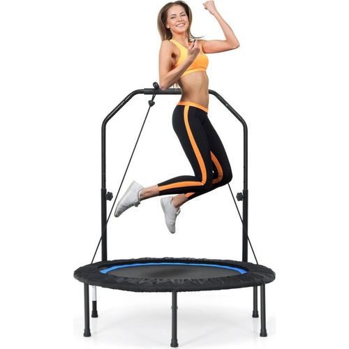 Ø101 cm Trampolin mit 2 Widerstandsbändern Mini-Trampolin mit höhenverstellbarem Griff Schwarz + Blau