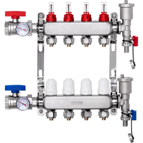 VEVOR 4-Zweig-Wärmeverteilungsverteiler, 1/2-Zoll-PEX-Rohrverteiler, Edelstahl-PEX-Verteiler für hydronische Fußbodenheizung, Wärmeverteilungs-PEX-Verteilersatz im Lieferumfang enthalten