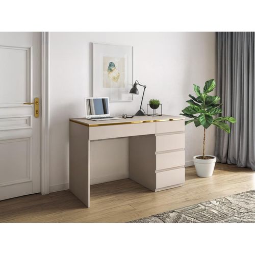 Schreibtisch - 5 Schubladen - Beige & Goldfarben - VUKIA von Pascal Morabito