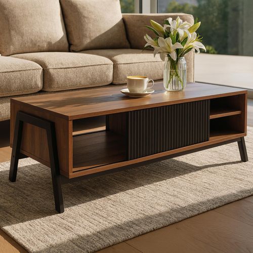 Couchtisch HWC-O40, Wohnzimmertisch Sofatisch, Staufächer Schiebetür MDF Metall Melamin 42x120x60cm natur