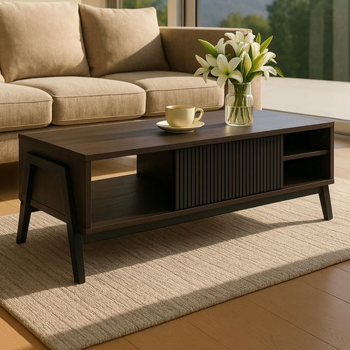 Couchtisch MCW-O40, Wohnzimmertisch Sofatisch, Staufächer Schiebetür MDF Metall Melamin 42x120x60cm Walnuss-Optik