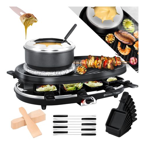 KESSER® 3in1 Raclette-Grill mit Naturgrillstein, Grillplatte und Fondue, Tischgrill für 8 Personen, Elektrogrill Raclette Grill antihaftbeschichteter Grillplatte, 8 Pfannen und Holzspatel